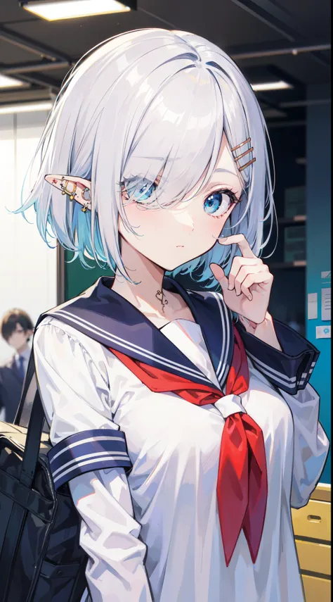 God quality, anime moe artstyle, badass anime 8k,perfect anatomy, (Please draw a elf girl walking sleepily to school. ),break, elf, 1girl, a high school student, white hair, Bob cut hair, parted bangs,(hair over one eye), Full limbs, complete fingers, medi...