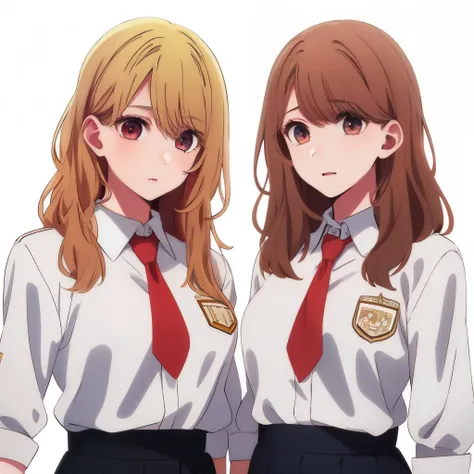 2girls, duo, twins, standing shoulder-to-shoulder, school uniforms, teenage woman, brown hair, blonde hair, long curly hair, hair down, hazel eyes, white background, best quality, highly detailed