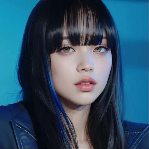 um close de uma mulher com longos cabelos pretos e fundo azul, Ela tem cabelo preto com franja, Sui Ishida com cabelo preto, Lalisa Manobal, com franja completa, com franja, jossi do blackpink, Lalisa Manoban do Blackpink, Retrato de Jossi de Blackpink, je...