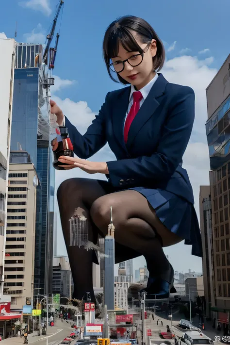 giantess art, a hyperrealistic schoolgirl, , highly detailed giantess shot, der riese, Shorthair, Black pantyhose, Giant high school girl much bigger than a skyscraper。Wearing rimless glasses。Colossal tits。Navy blue blazer、Red tie、Mini Length Skirt、Black p...