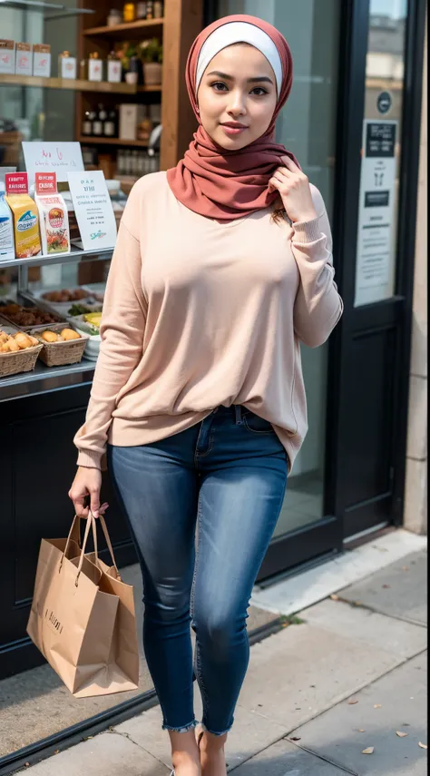 RAW, Best quality, high resolution, masterpiece: 1.3), beautiful Malay woman on hijab (iu:0.8),((big breast)), perfect nose,perfect lips, perfect eyes, detail :1.2),medium breast, wearing hijab standing in front of cafe, full body woman, casual pose, photo...