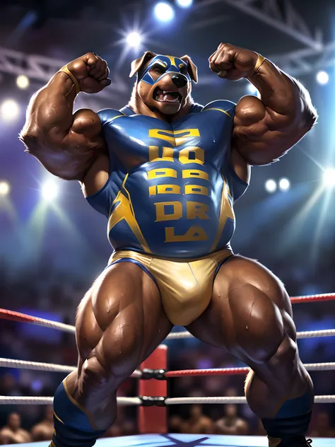 (ultra quality):1.4, 4k resolution, color, smooth comics style:1.2, (by taran fiddler, by meesh, by chunie), solo, rottweiler:1.1, wrestling scene, (very muscular, very heavyweight, muscular arms, muscular legs, strong pectorals:1.4), correct anatomy, wres...