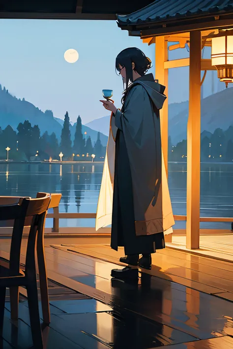 ancient poet，with a cloak，turn your back to the photo，holding a small porcelain cup，the pavilion by the lake faces the moon at n...