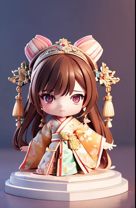 Super cute girl IP by POP Mart, Chibi, Brown hair, ewd bra, Flower inlay on the forehead, Tassel decoration, chinoiserie, kimono, Cute Pose, Top quality with sparkling eyes, Clay material, Full body, clean back ground,... studio lights, ultra-detailliert, ...