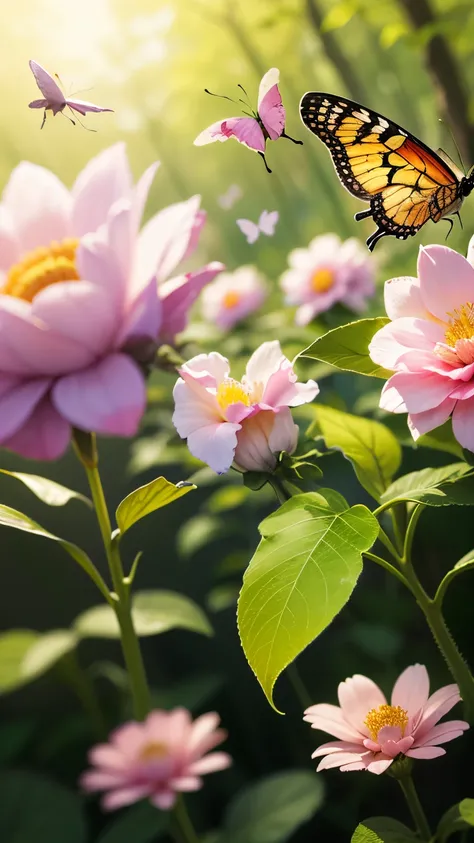 flowers with beautiful nature and beautiful butterfly and children run away to catch butterfly