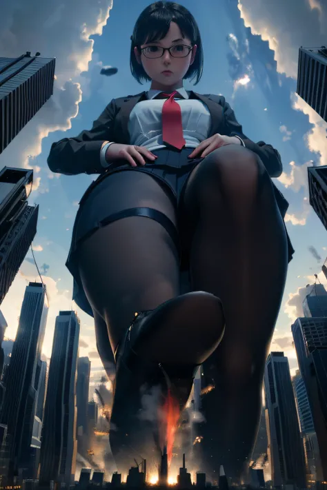 giantess art, a hyperrealistic schoolgirl, , highly detailed giantess shot, der riese, Shorthair, Black pantyhose, Giant high school girl that exceeds a skyscraper。Wearing rimless glasses。Colossal tits。Navy blue blazer、Red tie、Mini Length Skirt、Black panty...