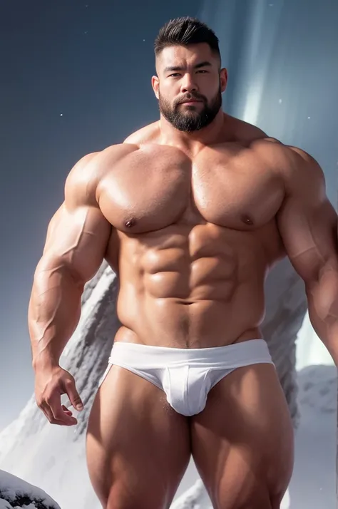 (Extremely detailed 8k wallpaper), a close up back view image of a hairy strong Japanese guy in a white fundoshi and arms holding the head and stands alone on a snowy mountain，the arms raised up high to the head, There are beautiful auroras，High detail, sh...