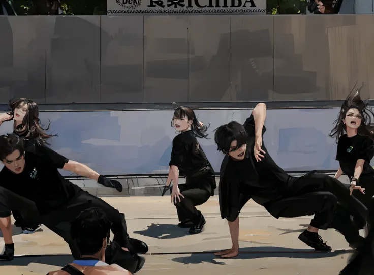 A dancer wearing a black shirt and black pants is performing on stage,  Mens and Womens Break Dance. (Best Quality, 4K, 8K, hight resolution, masutepiece:1.2)(Scene description).