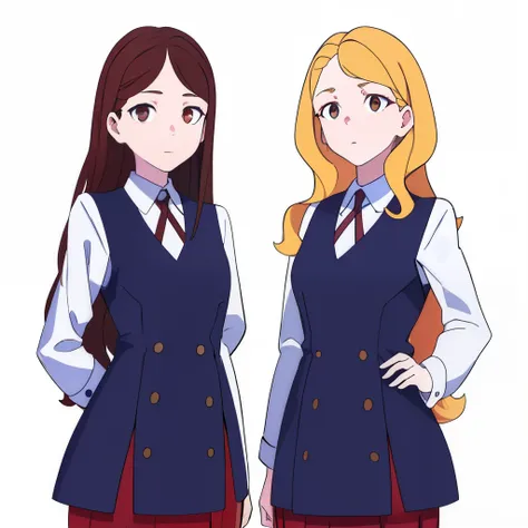 2girls, duo, twins, standing shoulder-to-shoulder, school uniforms, teenage woman, brown hair, blonde hair, long curly hair, hai...