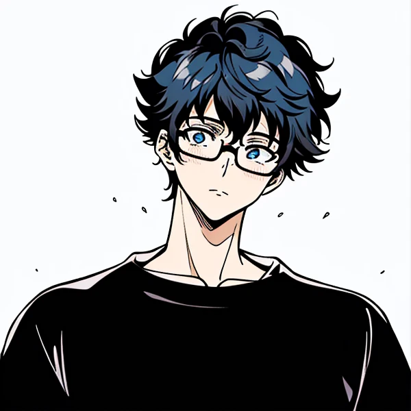 One wears glasses、Drawing of man in black shirt, Short black hair for boys, kentaro miura manga art style, Masanobu Okumura&#39;of inspiration, manga style of kentaro miura, Male anime style, Inspired by Okumura Togyu, Tall blue eyed anime character, as an...