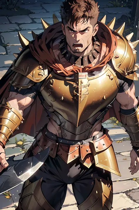 ((8K,2K)), (best quality), ((ultra-detailed)), 1man, guts from berserk (masterpiece:1.2), (best quality:1.3), ((spiky short brown hair)), ((quality face, muscle)), ((((gladiator armor, cape)))), (((sturdy, mean expression)))