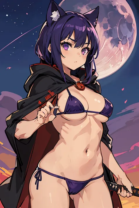 masterpiece, best quality, high resolution, 1girl, solo, Holding a katana , purple eyes , moon background , front view , stand pose , cat ear , (bikini , cloak) ,have breast , (have muscle:0.75) ,have abdominal muscle , exercise body