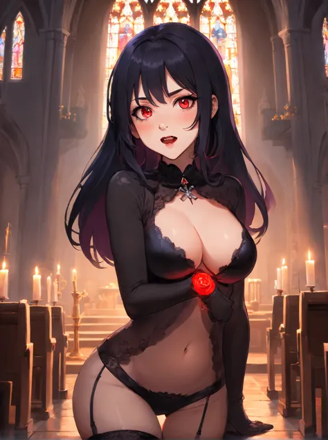 amazing artwork of sexy cute goth vampire woman,  long hair, ahegao, materpiece, d, amazing lighting, in a church, artstation, award winning, stunning, aesthetic, depth, shading. A full shot of a beautiful vampire goth woman with vampire fangs, black hair ...