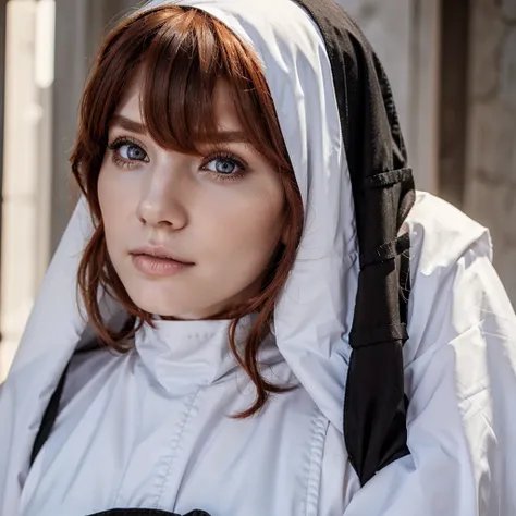 Beautiful redhead woman, white skin, black eyes, medium hair and wears nuns clothing praying