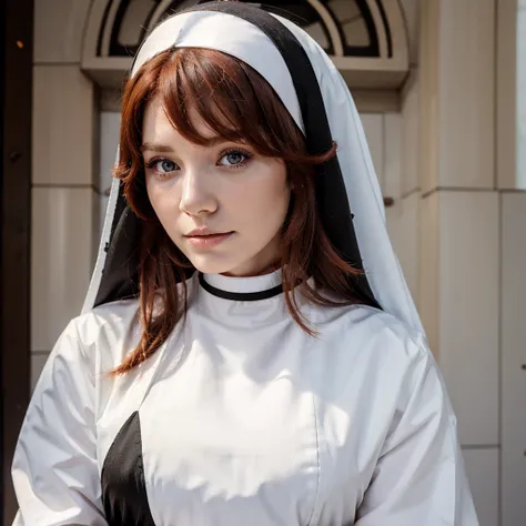 Beautiful redhead woman, white skin, black eyes, medium hair and wears nuns clothing praying