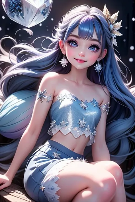 masterpiece, best quality, a fairy smiling, blue hair, (purple) eyes, blue smokey eyes makeup, hair crystal ornaments, snowflake...