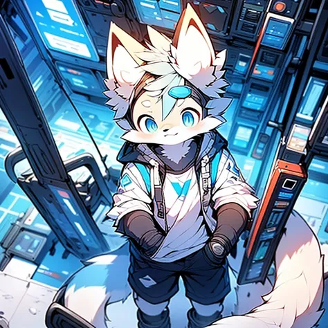 boy，Young，独奏，White fox with blue pattern，Wearing a cyberpunk style hoodie and shorts，The eyes are bright，face to the viewer，adolable，shaggy，