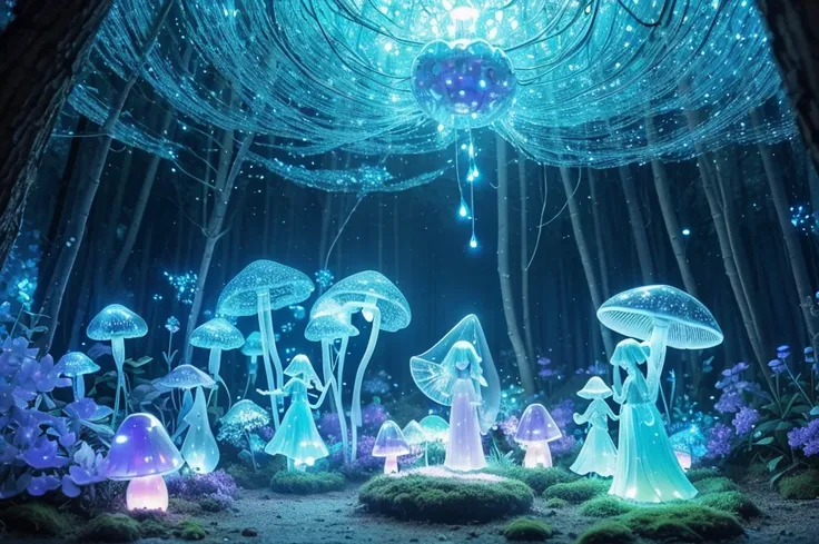 (Best quality at best,A high resolution:1.2),ultra - detailed,actual,Strong light illumination,semi transparent,（Many mini glowing transparent mushrooms,，Have transparent wings，afloat，magical,Light blue glow,Ethereal）,at a forest,Fairytale,evoke calm,Whims...