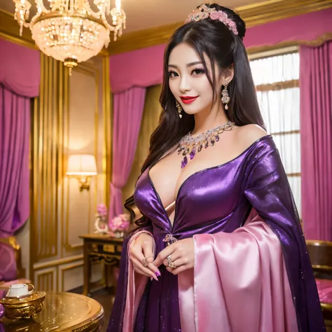 ((top-quality、masutepiece、8K、Top image quality、Highly complex and detailed depictions))、(The most gorgeous Japanese prostitute goddess:1.1)、((The most gorgeous prostitute goddess huge costume、the most vivid and luxurious costumes、big long costume、An unimag...