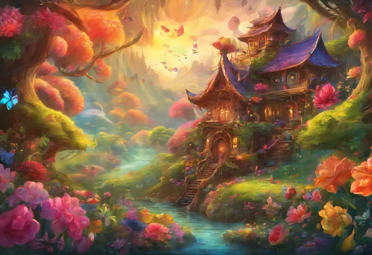 （（（Giant rainbow banana house emits auroras，covered with vines，leafs，fresh flowers））），Intense contour light，Luminous inside，Colorful，（（Best quality at best））， （（tmasterpiece）），Enhanced dynamic viewing angle，Sparkling creek，（weeds），flowers blooming，glowing ...