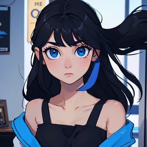 1 girl, black hair, blue eye