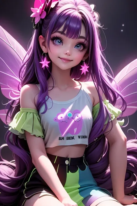 masterpiece, best quality, a fairy smiling slouching on neon flowers, purple hair, blue neon glow eyes, green neon eyes makeup, ...