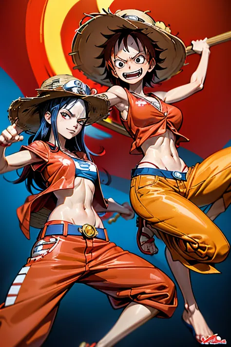 women in a red outfit with a blue and white hat, from one piece, luffy (one piece, luffy dressed as naruto, luffy gear 5, monkey d luffy, luffy from one piece, nicholas cage as monkey d luffy, best anime character design, eiichiro oda style, inspired by Ei...