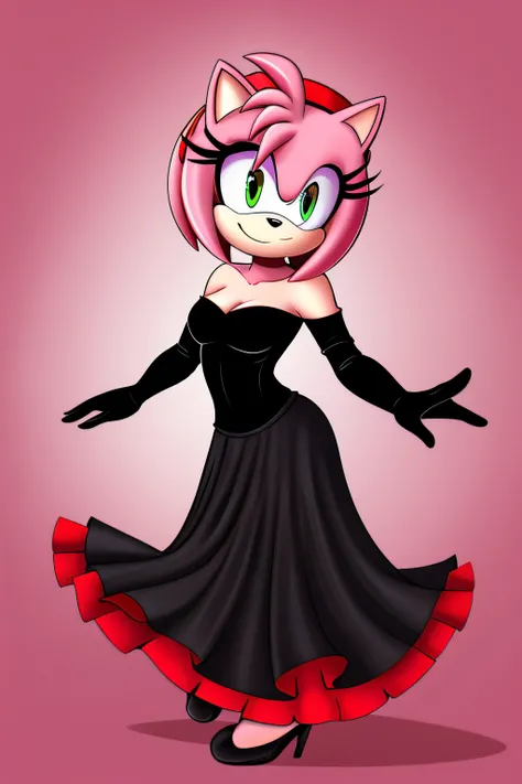 Amy Rose as a Flamenco Dancer, smile, black dress, black off-the-shoulder dress, long skirt, upper body, 90s Abstract Background,