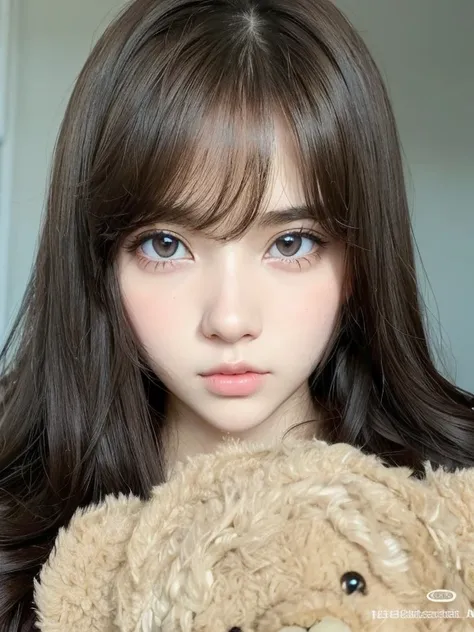 a closeup of a girl with long hair and a teddy bear, Linda cara de anime natural, brown hair and large eyes, Retrato realista kawaii, Sakimichan, Cara suave y redonda, ulzzang, pale round face, cabello negro y ojos grandes, Cara linda clara, Anime detallad...