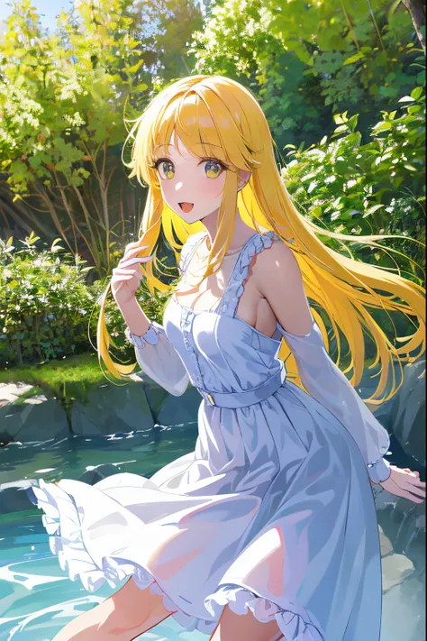 a girl Koikishi Kokoro,in a garden,painting,oil painting,full of flowers,with a flowing river,under the shade of tall trees,with sunlight filtering through the leaves,emphasizing her delicate features,beautiful detailed eyes,beautiful detailed lips,extreme...