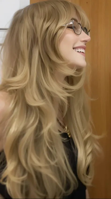 blonde woman in glasses and black dress smiling in front of a door, cabelo fluindo para baixo, seus cabelos escorrendo para baixo, longos cabelos loiros ondulados, cabelo escorrendo, estilo de cabelo longo ventoso, cabelos longos castanhos loiros, long mes...