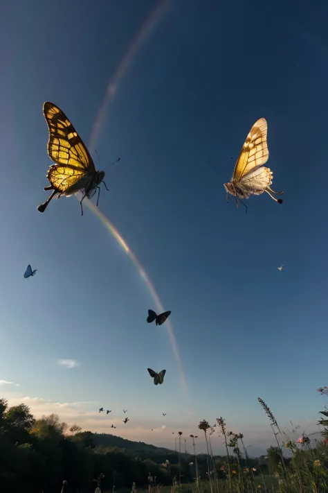 A photo captures butterflies fluttering in a rainbow-colored sky. The butterflies interact with the sun rays, appearing as shining creatures floating in the sky. Among them is a shining blue butterfly. The scene is lit with butterfly lighting and a shining...