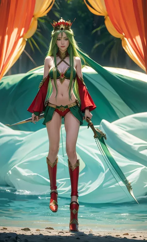 green long hair，Nice face，Red bikini armor，，the emperor，crown heterochromatic pupil，ssmile，rays of sunshine，Full body photo，the soft light，standing on your feet，dreamland