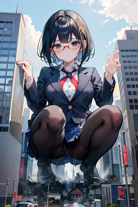 giantess art, a hyperrealistic schoolgirl, , highly detailed giantess shot, der riese, Shorthair, Black pantyhose, Giant high school girl much bigger than a skyscraper。Wearing rimless glasses。Colossal tits。Navy blue blazer、Red tie、Mini Length Skirt、Black p...