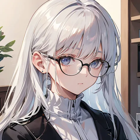 (masterpiece), best quality, perfect face, white hair, glasses,