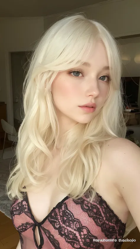 Mulher loira com cabelo longo e um vestido rosa posando para uma foto, pale skin curly blond hair, pale glowing skin, franja branca, longos cabelos brancos e franja, with pale skin, extremely pale blond hair, pale hair, ivory pale skin, soft pale white ski...