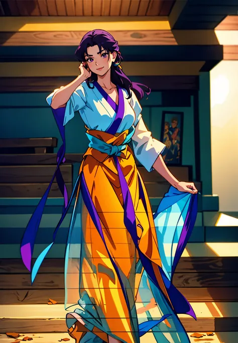 A mature woman, medium-length black-purple hair, curly bangs, sly eyes, a playful smile, an elegant and wise demeanor, a simple fantasy martial arts-style orange two-piece dress with a long skirt, wide sleeves, a flowing hem, Gracefully strolling in an anc...