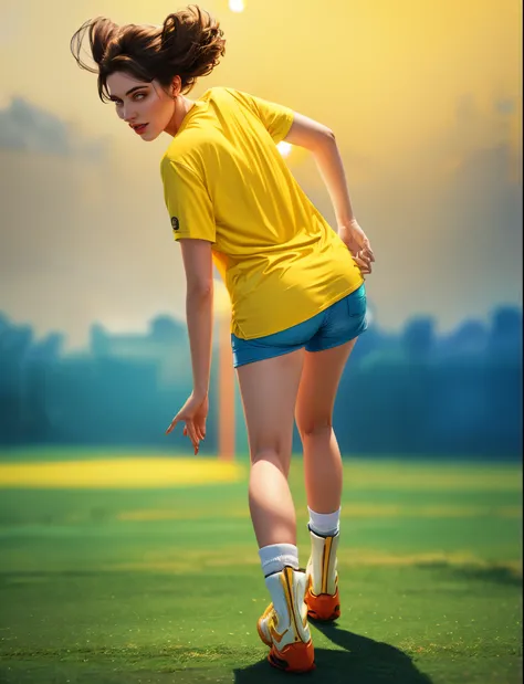 there is a woman in a yellow shirt and blue shorts, rim light, 4k, blurry background