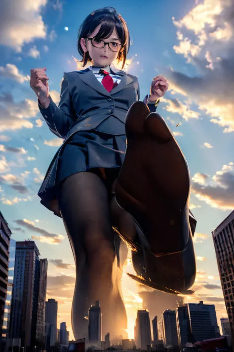 giantess art, a hyperrealistic schoolgirl, , highly detailed giantess shot, der riese, Shorthair, Black pantyhose, Giant high school girl that exceeds a skyscraper。Wearing rimless glasses。Colossal tits。Navy blue blazer、Red tie、Mini Length Skirt、Black panty...