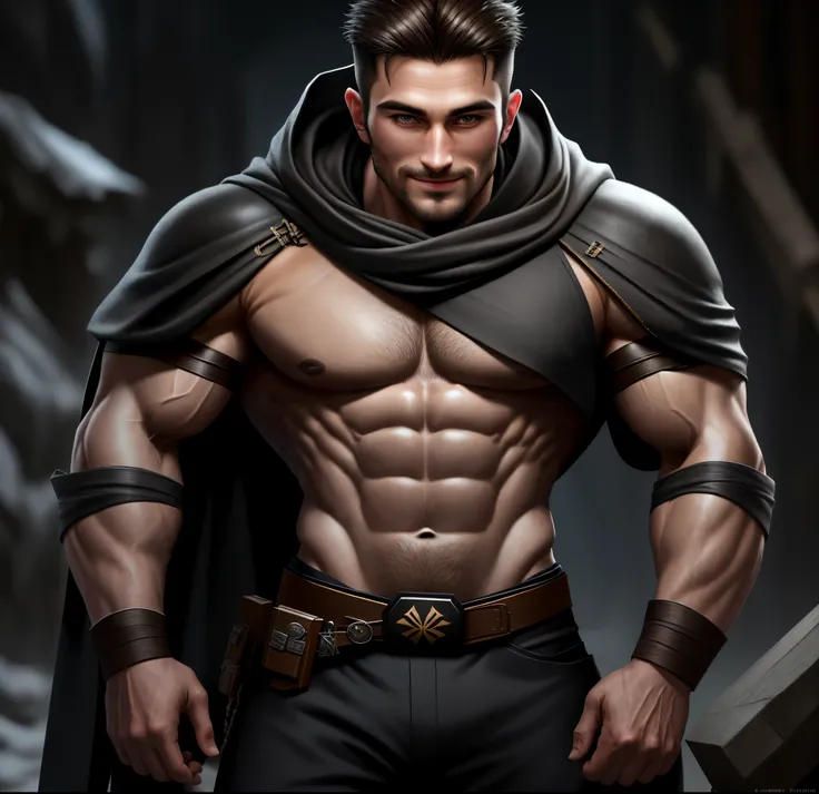 higly detailed, Clarity, 8 months, Young guy, 35 years old, Dark brown hair, shingle, dark eyes, dressed as an assassin, assassin style, 真实感, Realistic,There is a man, who smiles, leonid, muscular!!, artem, muscular!, muscular!!!, vitaly bulgarov, Bodybuil...