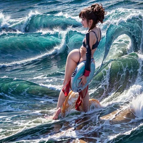 (8K, Original photography, Top image quality, masterpiece: 1.2), hyper HD, (Realistic, photorealistic: 1.38), realisticlying, A high resolution, back lighting. Tiny Girls, Girl surfing、pipeline、glistening ivory skin, back lighting, surfer girls, Big Wave,