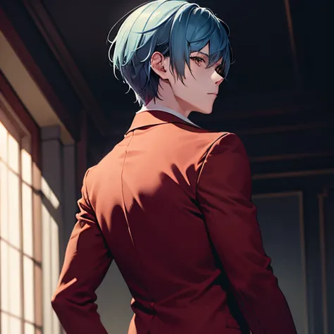 light blue hair, 1 boy, full red suit, short hair style. sharp eye,soft lighting, volumetric lighting, intricate details, finely detailed, black eyes,solo,( looking back:1.4),standing, straight back,semi side view