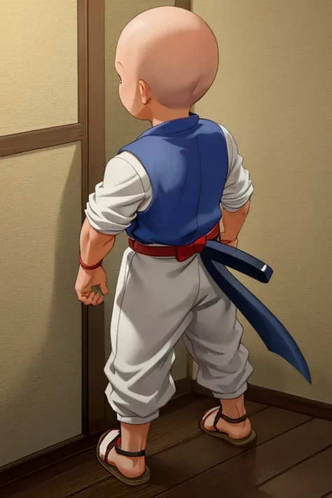 1boy, solo, ninjahattori boy, serious, detail, ninja, sneak in corridor of Japan castle, white costume, sandals, red belt, dim light, epic, Bald head, shave head, hairless,