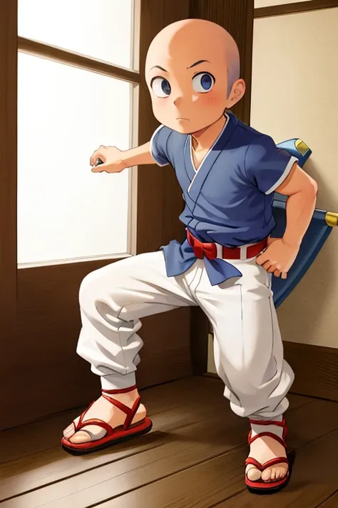 1boy, solo, ninjahattori boy, serious, detail, ninja, sneak in corridor of Japan castle, white costume, sandals, red belt, dim light, epic, Bald head, shave head, hairless,