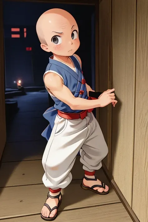 1boy, solo, ninjahattori boy, serious, detail, ninja, sneak in corridor of Japan castle, white costume, sandals, red belt, dim light, epic, Bald head, shave head, hairless,