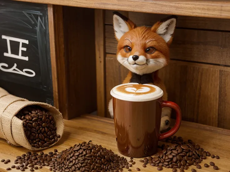 mascote para cafeteria, estilo cartoon, red fox and coffee seeds