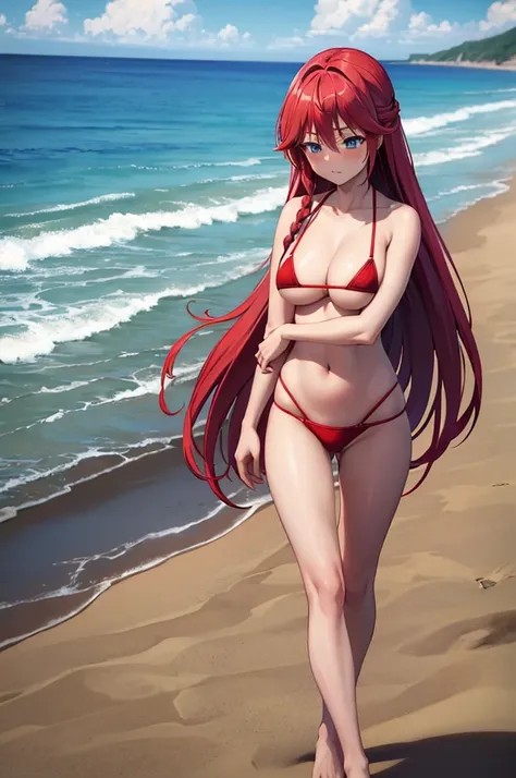 lilith_asami,long hair,red hair,blue eyes,side braid,braid,large breasts,blush,masterpiece, best quality, highres, lilith1, long hair, 1girl, solo, braid, large breasts, beach, ocean, red micro bikini, walking, arms behind back, looking at another,