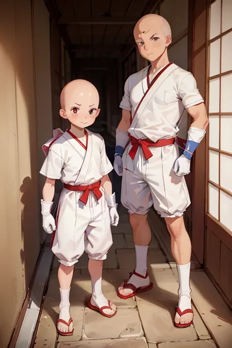 2boy, ninja hattoriboy, serious, detail, ninja, sneak in corridor of Japan castle, white costume, White clothes, White mask, gloves, socks, sandals, red belt, dim light, epic, Bald head, shave head, hairless, like monk, ikkyu,