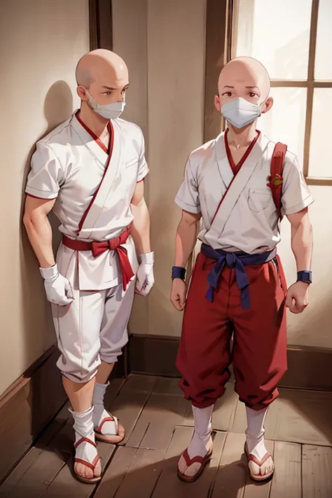 2boy, ninja hattoriboy, serious, detail, ninja, sneak in corridor of Japan castle, white costume, White clothes, White mask, gloves, socks, sandals, red belt, dim light, epic, Bald head, shave head, hairless, like monk, ikkyu,