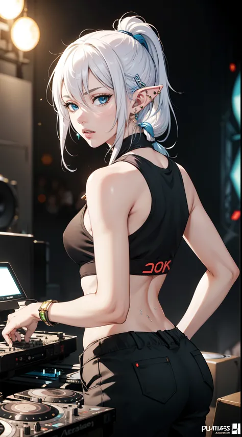 (masterpiece), (best quality), (ultra detailed), (illustration), Concept Art, Cinematic Lighting, Elf as DJ player, (elf), (1girl), beautiful detailed eyes, deep blue eyes, delicate beautiful face, Emotional Expressive, (white hair, short ponytail), Cargo ...